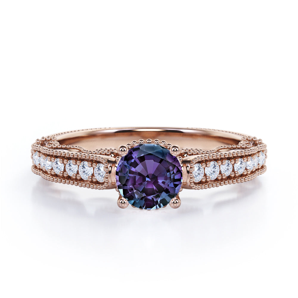 1.25 Carat Round Cut Lab Created Alexandrite And Diamond Antique Milgrain Engagement Ring In White Gold