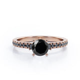Milgrain Prong Cathedral - 0.75 TCW Round Brilliant Cut Lab Created Black Diamond - Pave Engagement Ring in White Gold