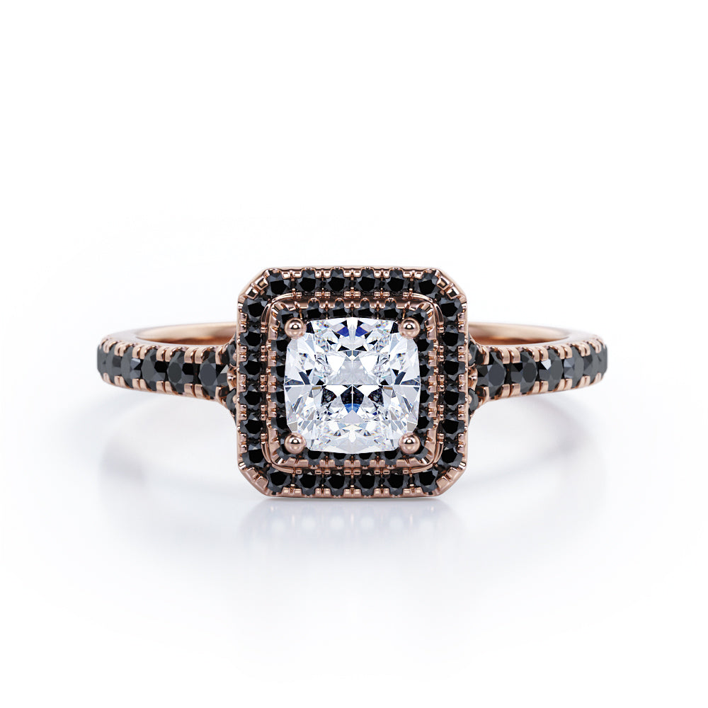 Double Halo Design - 1.45 TCW Princess Cut Moissanite with Lab Created Black Diamond - Engagement Ring with Pave Accents in Black Gold