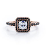 Double Halo Design - 1.45 TCW Princess Cut Moissanite with Lab Created Black Diamond - Engagement Ring with Pave Accents in Black Gold