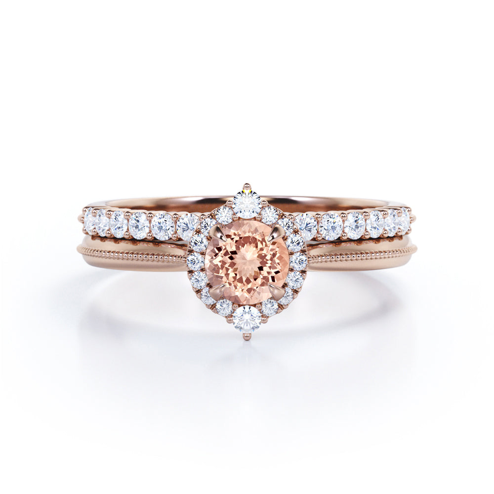 Classic Halo Ring 0.85 carat Round Morganite and Moissanite Bridal Ring Set in White Gold