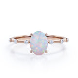 Sharp Four Claws 1.10 Carat Oval Cut Fire Opal And Diamond Seven Stone Engagement Ring In White Gold