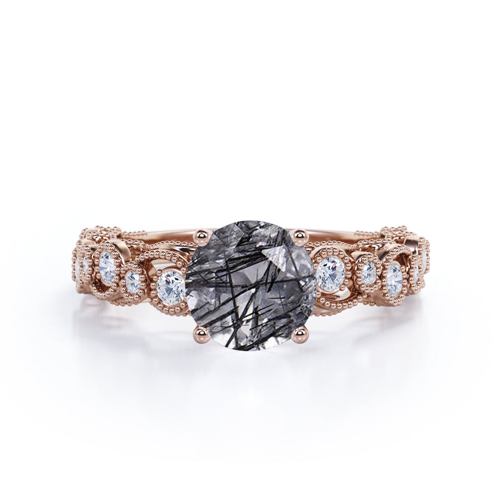 Prong Basket 1.25 Carat Round Cut Natural Smokey Black Rutilated Quartz and Diamond Art Deco Milgrain Engagement Ring