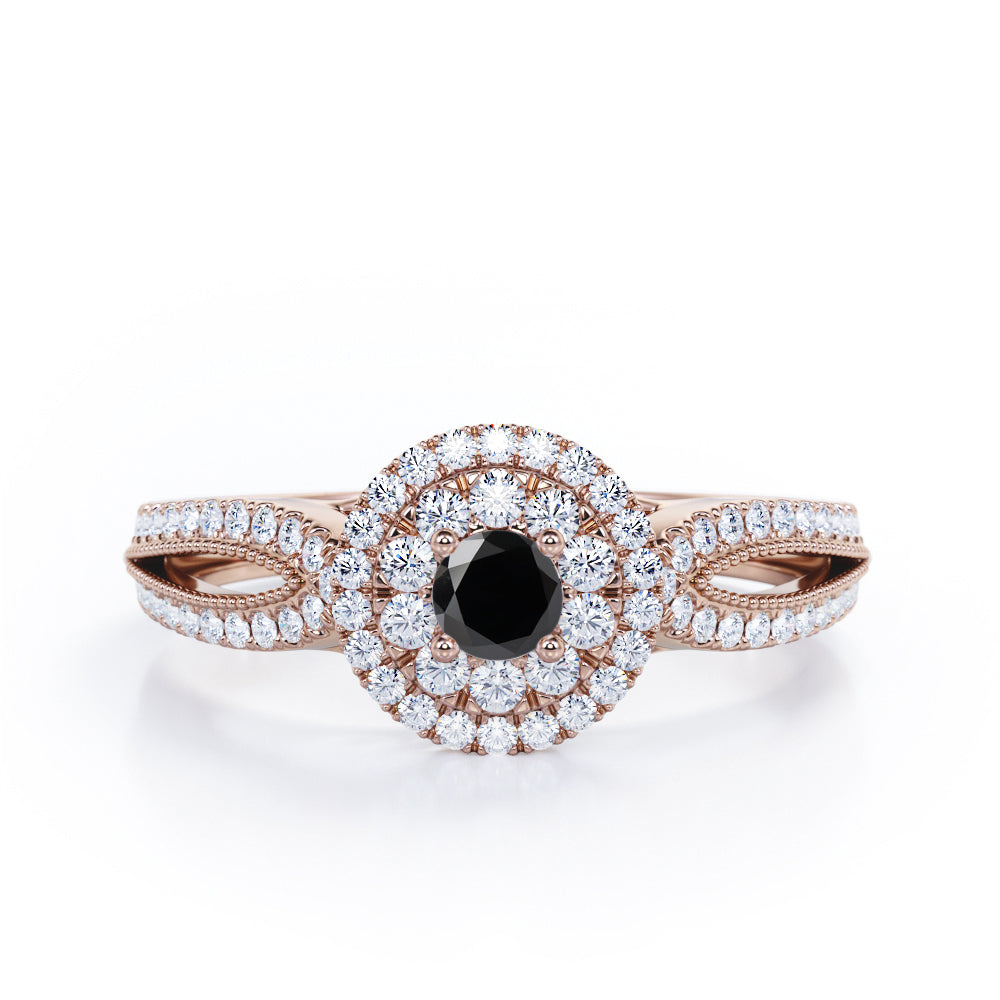 Double Halo Cluster 1.8 Carat Round-Shaped Black Diamond Split-Shaked Milgrain Pave Engagement Ring in White Gold