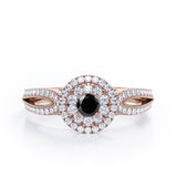 Double Halo Cluster 1.8 Carat Round-Shaped Black Diamond Split-Shaked Milgrain Pave Engagement Ring in White Gold