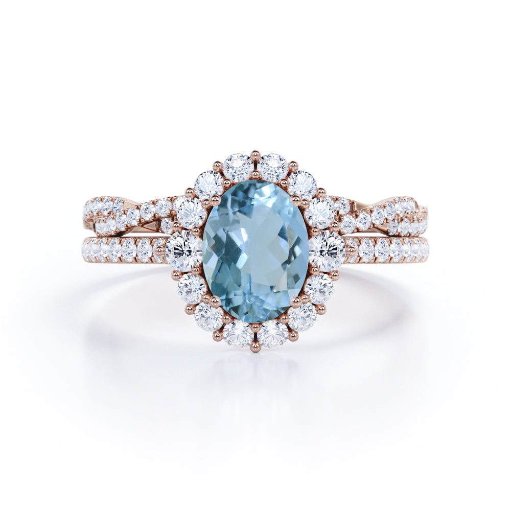 1.65 Carat Huge Oval Cut Aquamarine And Diamond Halo Wedding Ring Set In White Gold