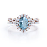 1.65 Carat Huge Oval Cut Aquamarine And Diamond Halo Wedding Ring Set In White Gold