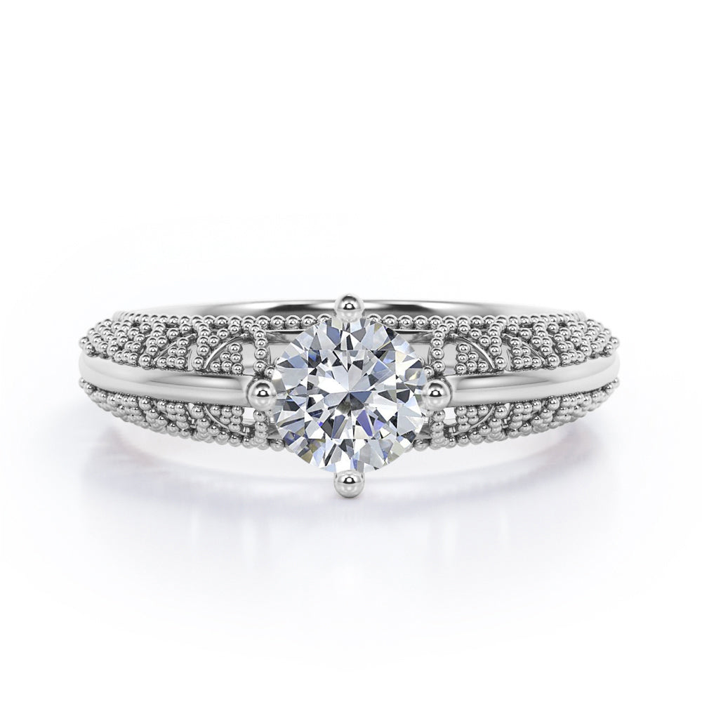 Beaded Art Deco 1 Carat Round Cut Moissanite Solitaire Engagement Ring In Rose Gold