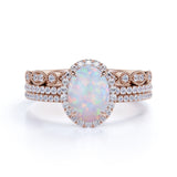 Affordable 2 Oval Ethiopian Antique Opal Ring and Halo Diamond in Trio Wedding set
