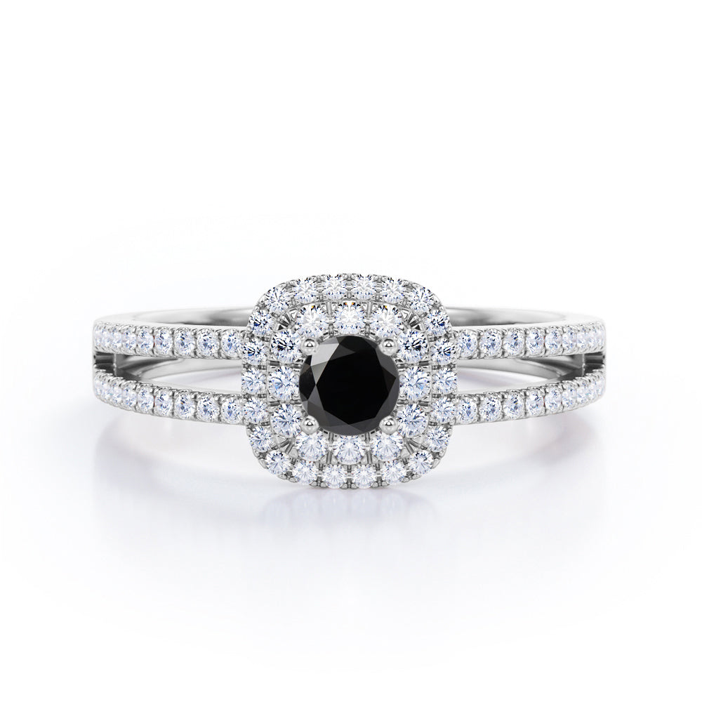 Split Shank 1.55 Carat Round Cut Black Diamond Double Halo  Engagement Ring In Black Gold
