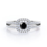Split Shank 1.55 Carat Round Cut Black Diamond Double Halo  Engagement Ring In Black Gold