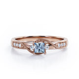 Double Curved Line Milgrain 0.55 carat Princess Aquamarine and Moissanite Dainty Engagement Ring in Rose Gold