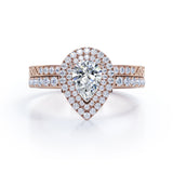 1.75 Carat Double Halo Vintage Moissanite and Diamond Pave Ring Pear Cut Milgrain Bridal Set in Rose Gold