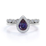 Classic 1.50 Carat Pear Shape Lab Created Alexandrite and Diamond Halo Art Deco Bridal Set Rings