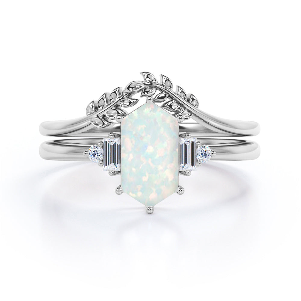 Floral 1.15 Ct Hexagon Cut Lab Created Opal Wedding Ring Set