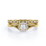 Woman's Choice 1 carat Cushion Moissanite and Diamond Halo Bridal Ring set in White Gold