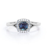 Unique 1.25 Carat Cushion Cut Lab Created Alexandrite And Diamond Split Shank Engagement Ring In White Gold