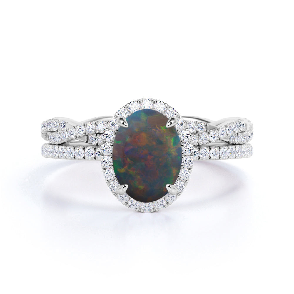 1.75 Ct Oval Cut Lab Created Black Opal Twisted Wedding Ring Set