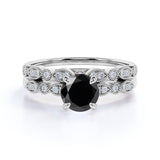Affordable pair 1.50 Carat Lab Black Diamond Antique Wedding Ring Set in White Gold
