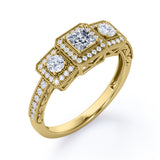 Vintage Milgrain 0.75 Carat Princess Cut Diamond Trilogy Halo Engagement Ring In White Gold