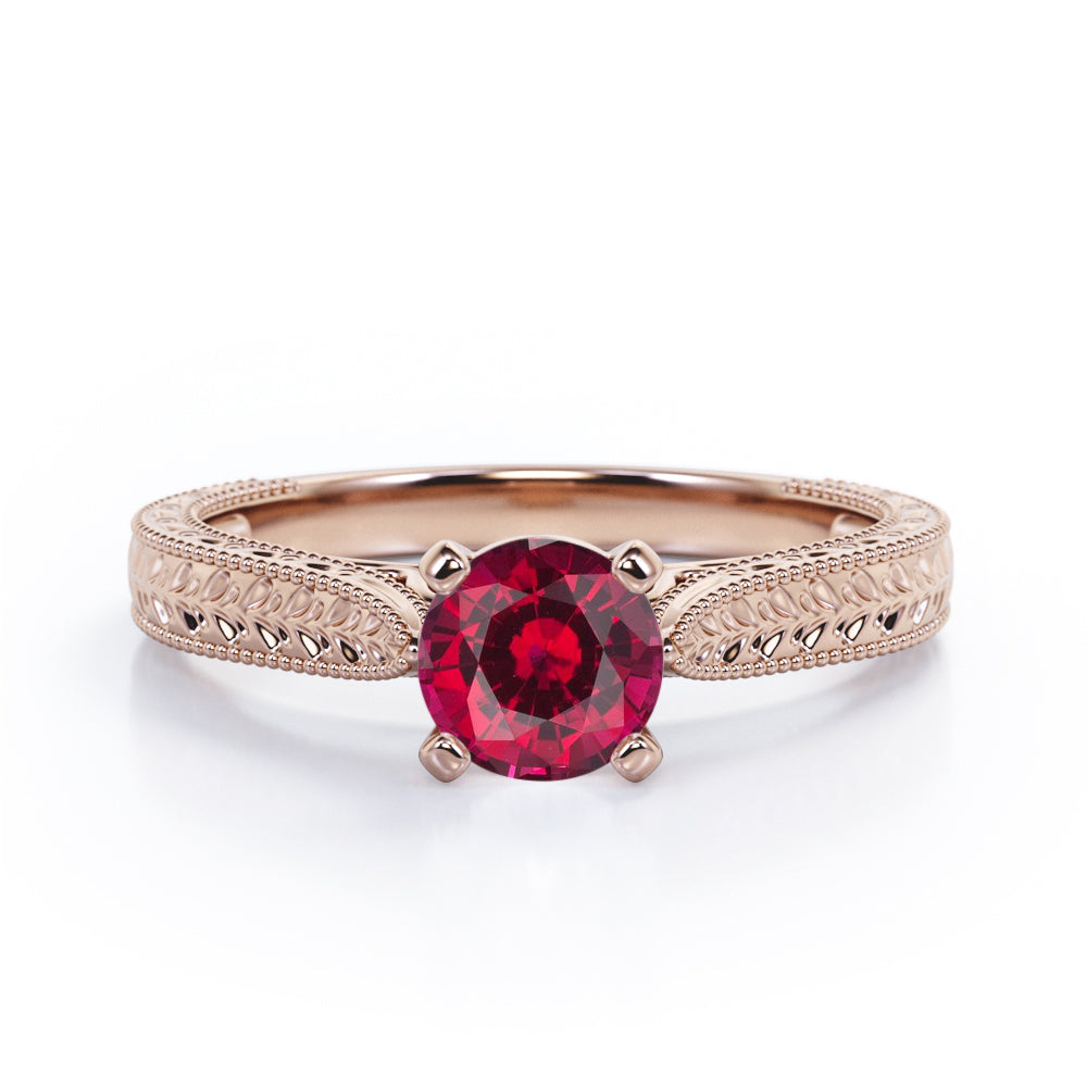 Antique Art Deco 1 Carat Round Cut Lab Ruby Four Prong Solitaire Engagement Ring In White Gold