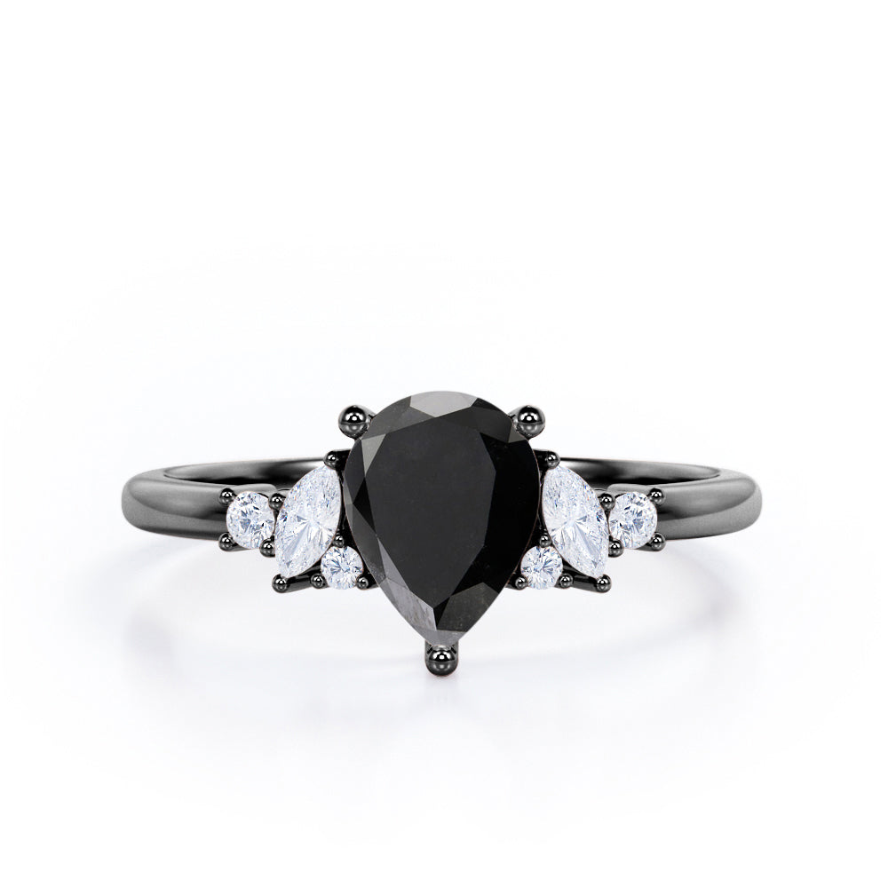 Fashionable 7 Stones 0.6 carat Pear Black Diamond Engagement Ring in White Gold