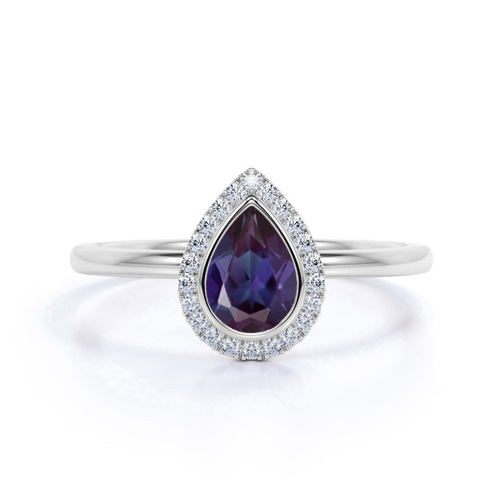 Modern Bezel Set 1.25 Carat Teardrop Shape Synthetic Alexandrite and Diamond Halo Engagement Ring