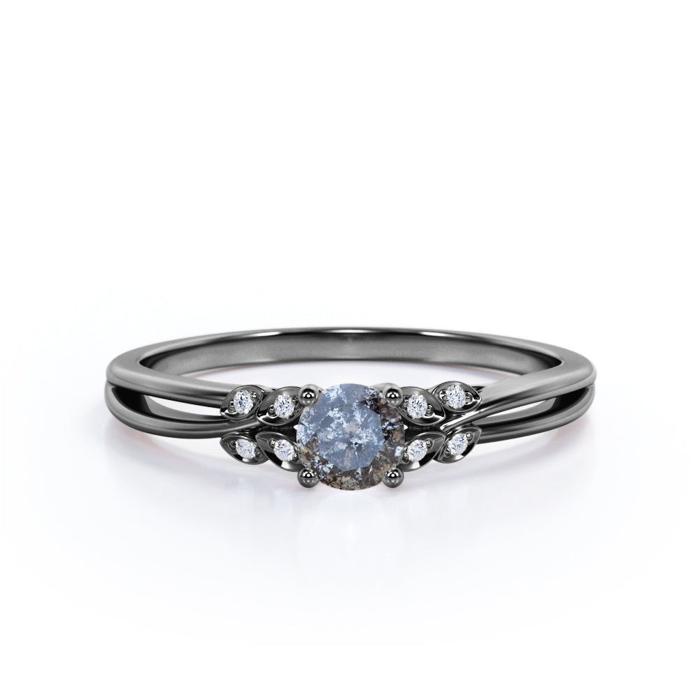 0.75 Ct Round Salt and Pepper Diamond Leaf Engagement Ring
