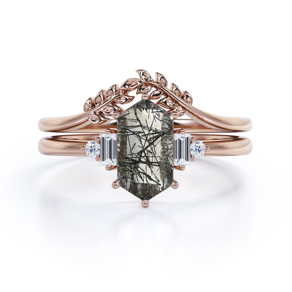 Floral 1.15 ct Hexagon Black Rutilated Quartz Five Stone Bridal Set