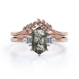 Floral 1.15 ct Hexagon Black Rutilated Quartz Five Stone Bridal Set