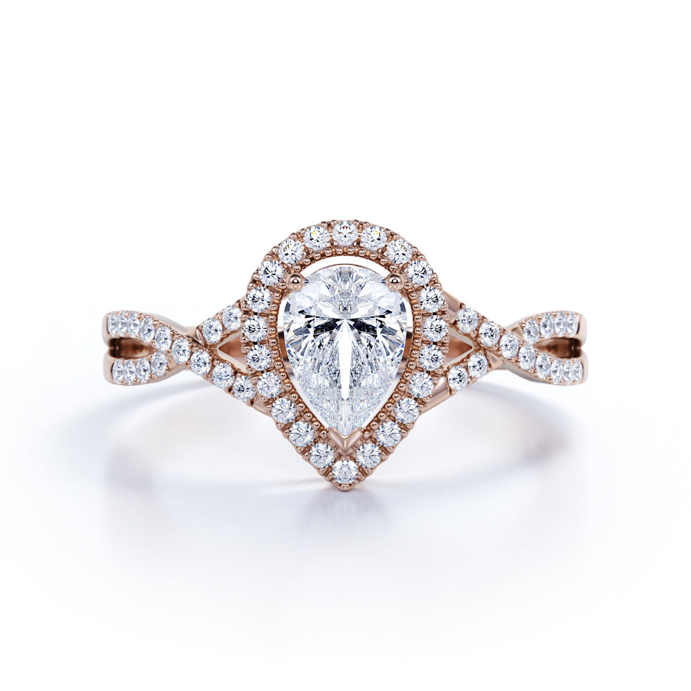 Infinity Style 1.50 Carat Teardrop Shape Moissanite and Diamond Halo Engagement Ring in White Gold