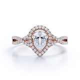 Infinity Style 1.50 Carat Teardrop Shape Moissanite and Diamond Halo Engagement Ring in White Gold