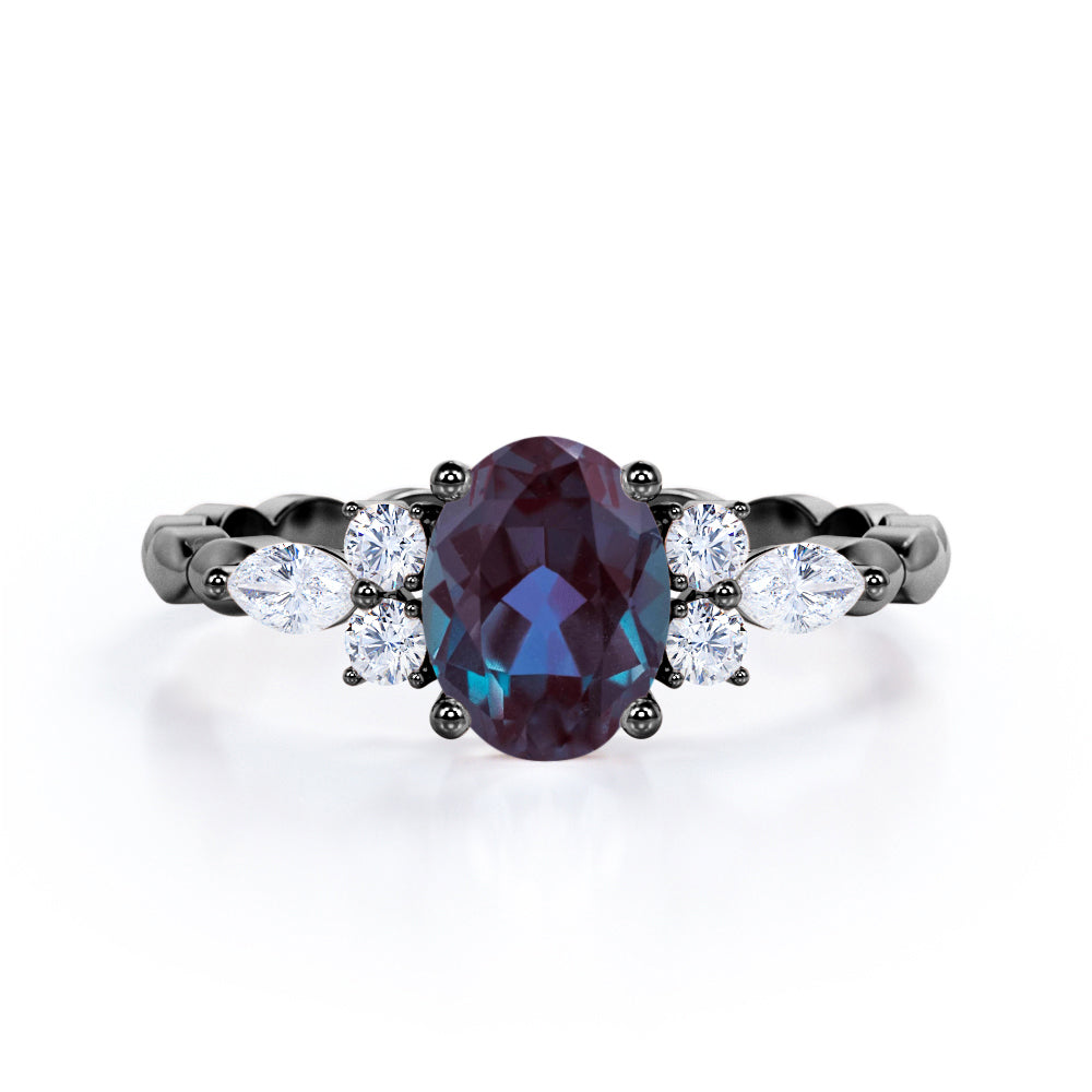 1.35 Carat Oval Cut Lab Created Alexandrite And Diamond Seven Stone Engagement Ring In White Gold