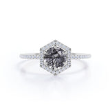 Hexagon Halo 1.50 ct Round Black Rutilated Quartz Engagement Ring