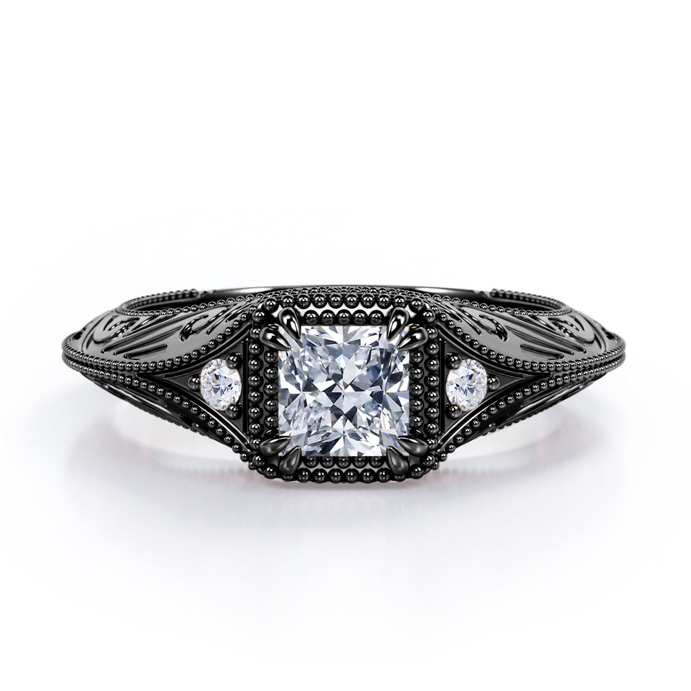 Vintage Milgrain 1.10 Carat Princess Cut Moissanite And Diamond Sharp Eight Claws Art Deco Engagement Ring In Rose Gold