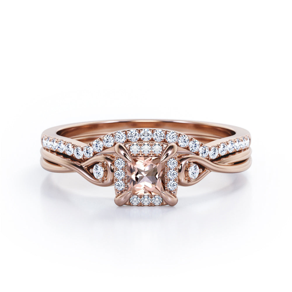 Cushion Halo Prong - 0.85 TCW Princess Cut Morganite and Moissanite - Infinity Split Shank Wedding Ring Set -  White Gold