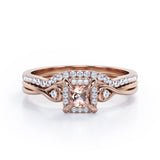Cushion Halo Prong - 0.85 TCW Princess Cut Morganite and Moissanite - Infinity Split Shank Wedding Ring Set -  White Gold