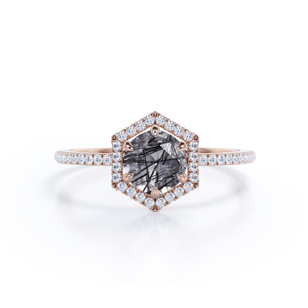 Hexagon Halo 1.50 ct Round Black Rutilated Quartz Engagement Ring