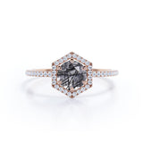 Hexagon Halo 1.50 ct Round Black Rutilated Quartz Engagement Ring