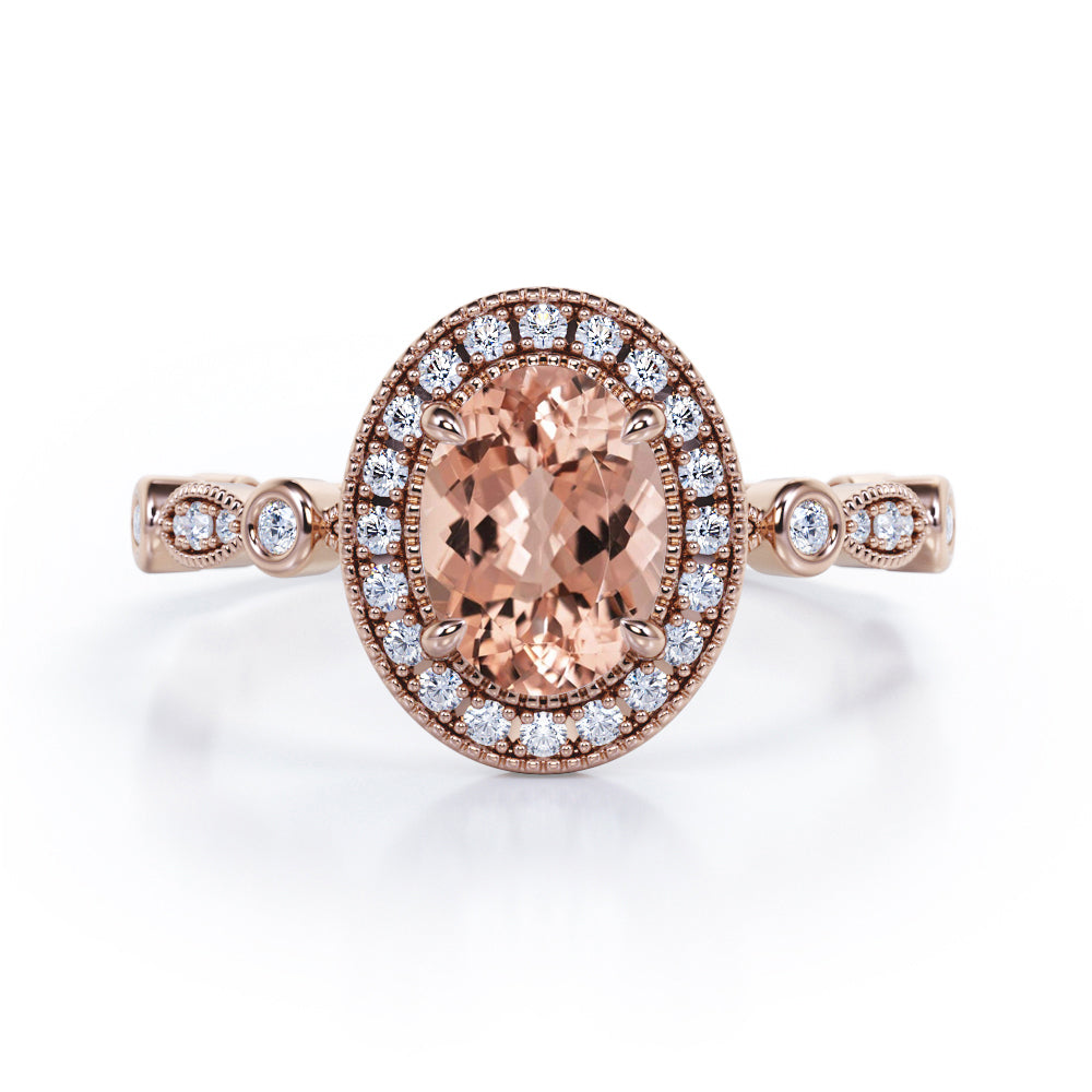 Vintage Halo 1.35 Carat Oval Cut Morganite And Diamond Art Deco Engagement Ring In White Gold