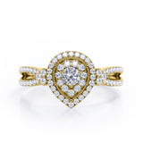 Pear-Shaped Double Halo - 1.7 Carat Round Cut Moissanite and diamond - Pave Split Shank Engagement Ring in Rose Gold