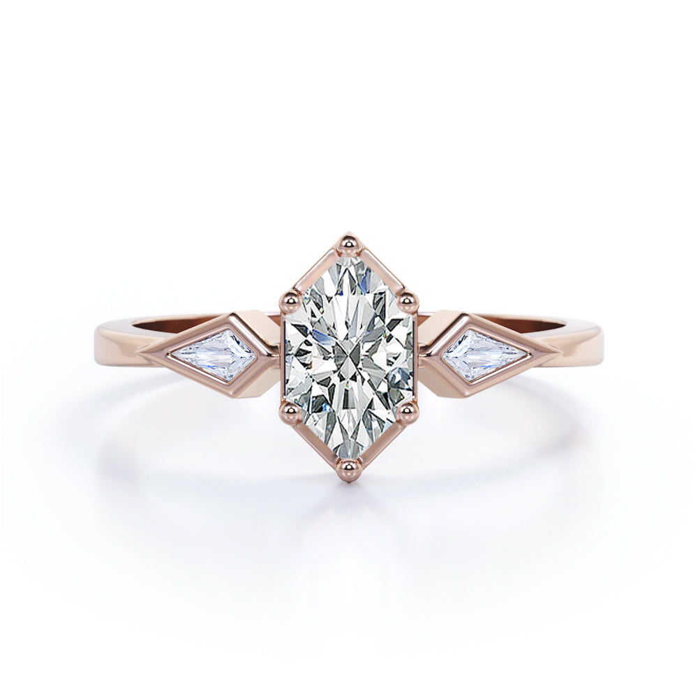 Geometric 1 carat Hexagon Moissanite and Diamond Engagement Ring in Black Gold