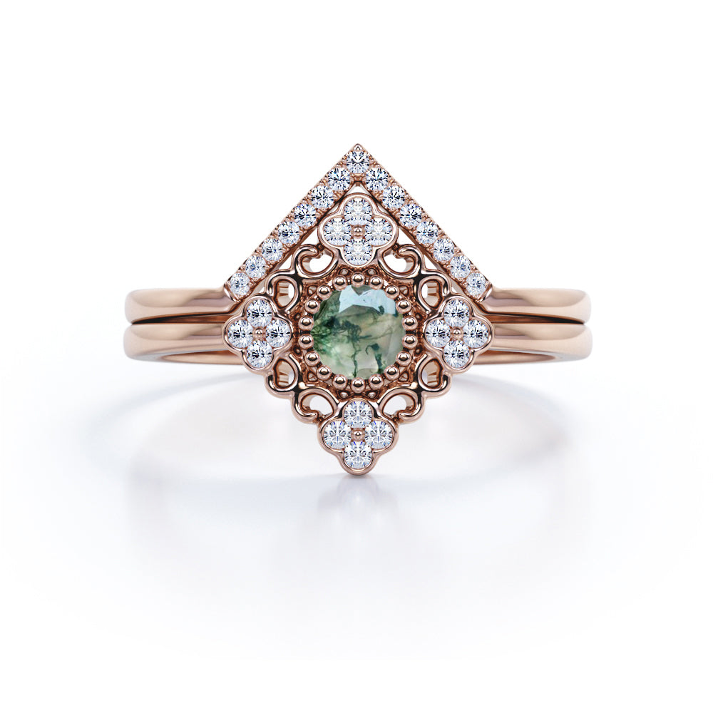 Decorated Kite Shape 0.8 carat Round Green Moss Agate and Moissanite Bridal Ring Set in White Gold