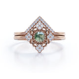 Decorated Kite Shape 0.8 carat Round Green Moss Agate and Moissanite Bridal Ring Set in White Gold