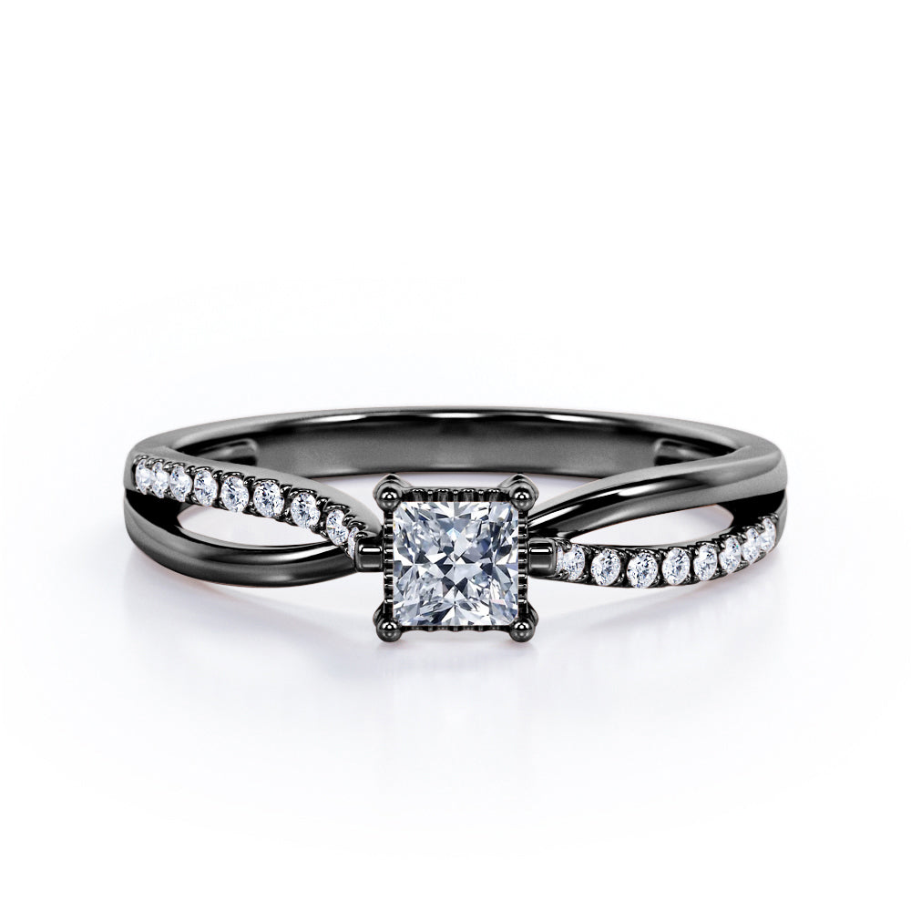 Filigree Prong Bezel - 0.3 TCW Princess Cut Diamond - Scalloped Pave Split Shank Engagement Ring - 10K White Gold