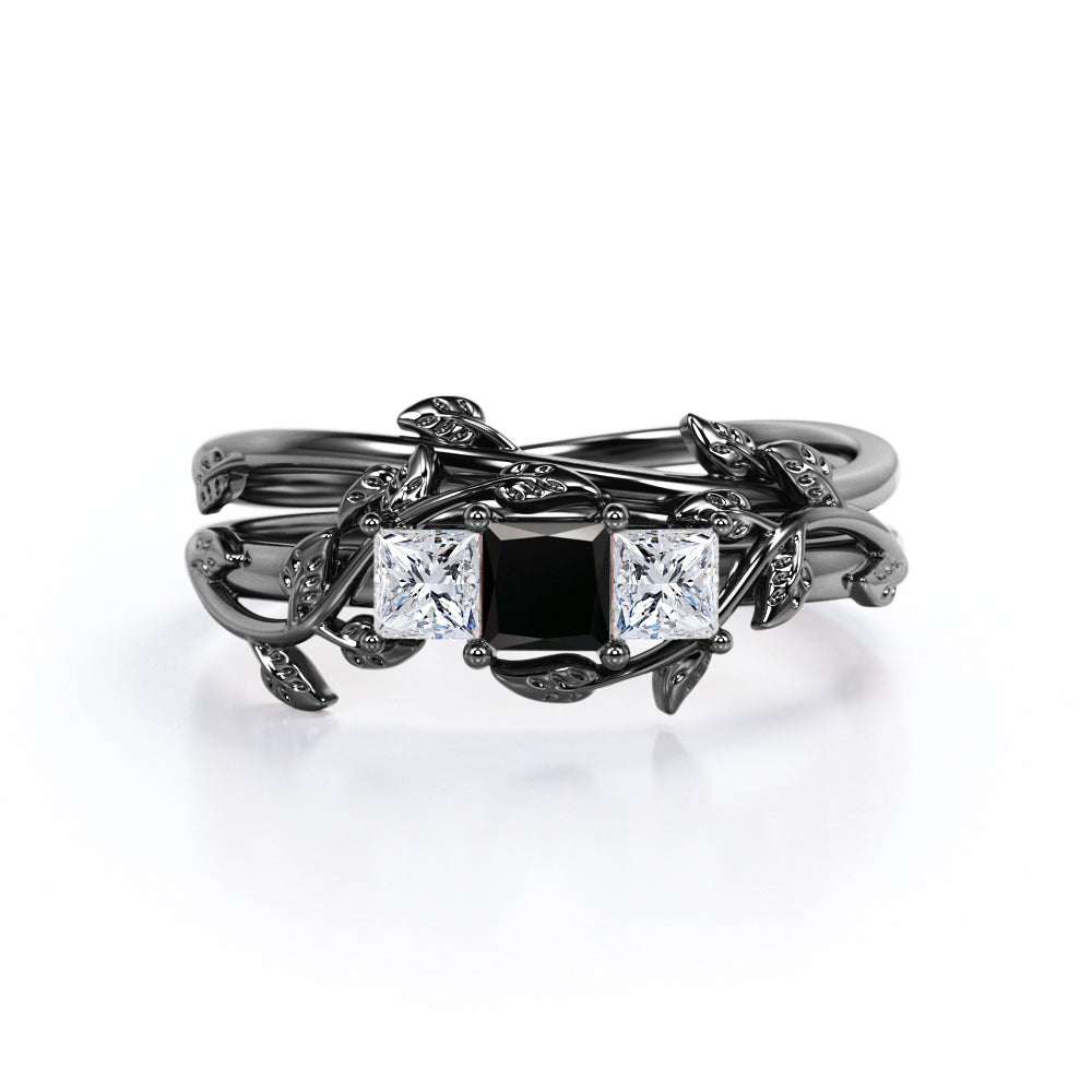 1.25 carat princess cut  Black Diamond three stone vine leaf wedding ring set in white gold