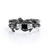 1.25 carat princess cut  Black Diamond three stone vine leaf wedding ring set in white gold