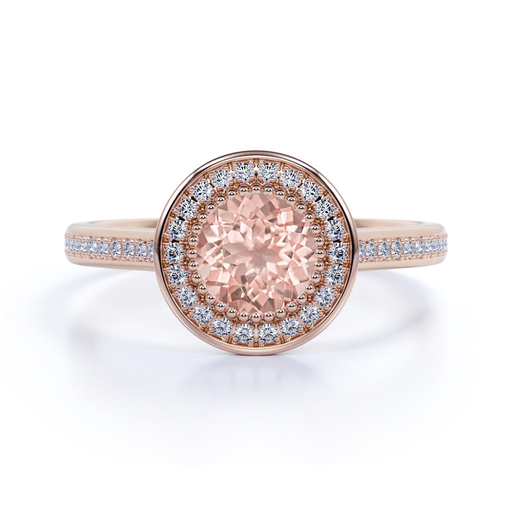 Big 1.50 Carat Round Shape Peachy Pink Morganite and Diamond Antique Milgrain Engagement Ring in White Gold