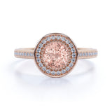 Big 1.50 Carat Round Shape Peachy Pink Morganite and Diamond Antique Milgrain Engagement Ring in White Gold