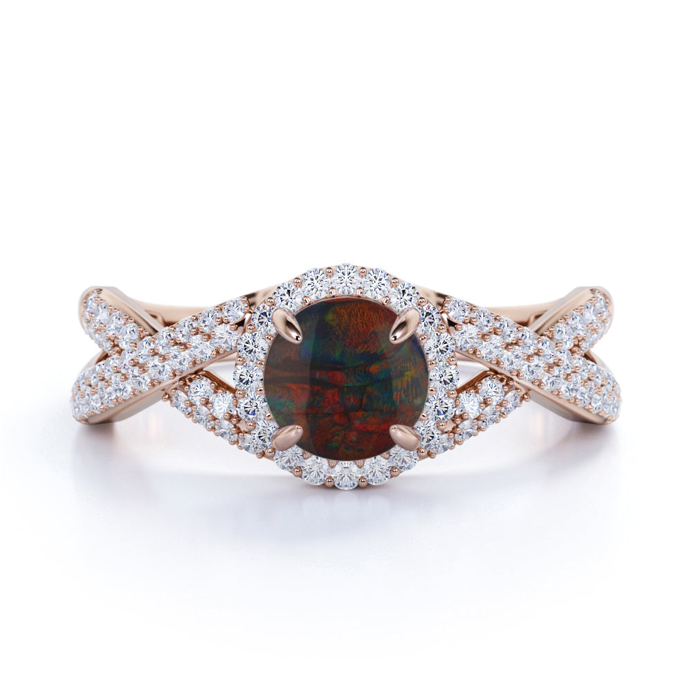 Twisted Pave Set 1.50 Carat Brilliant Round Cut Ethiopian Black Opal And Diamond Halo Infinity Engagement Ring In White Gold